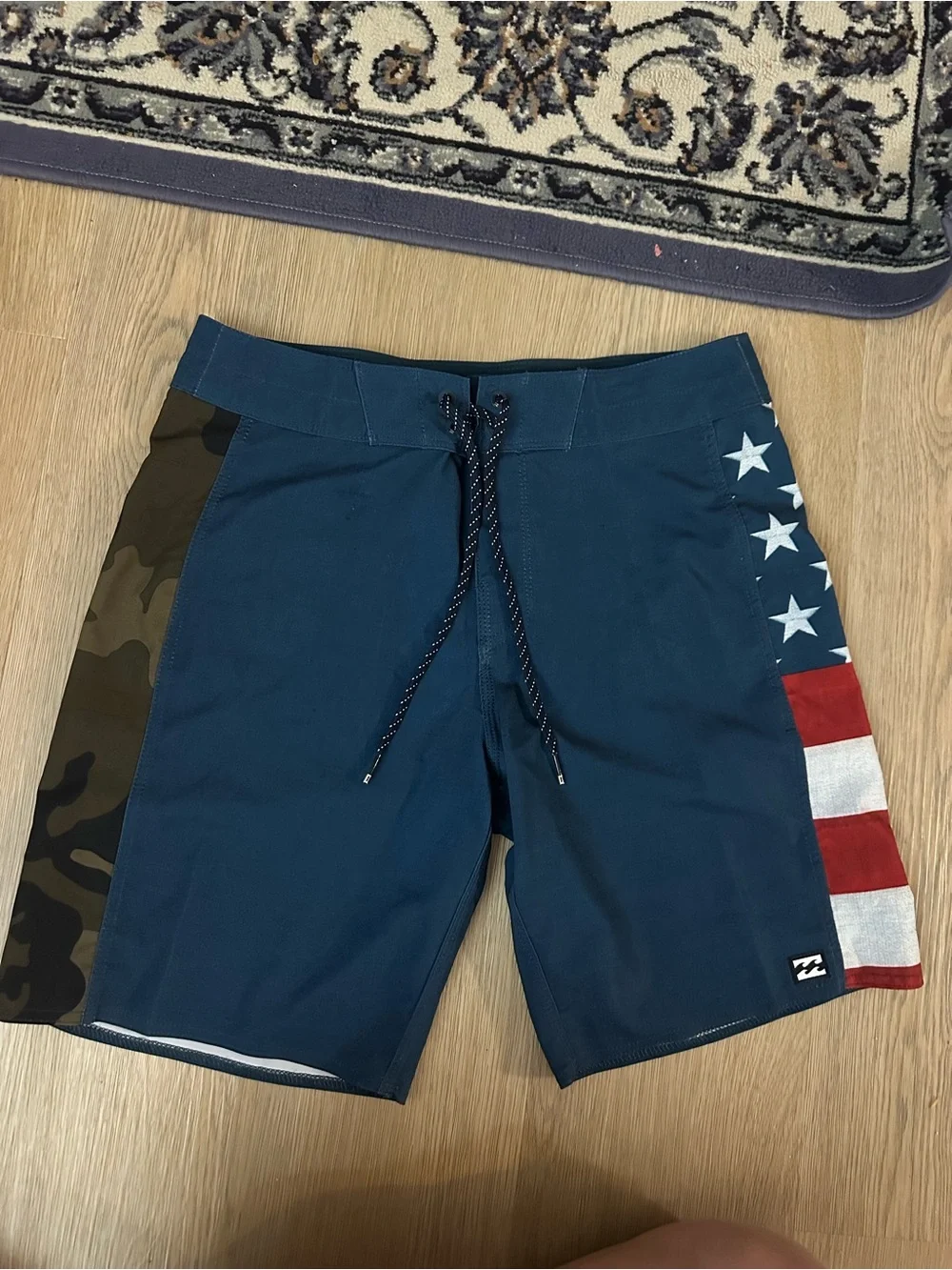 Billabong Men’s Navy Boardshorts with Camo Panel and Flag Stripe